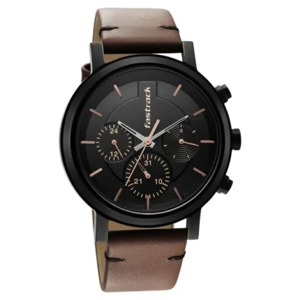 Fastrack Tick Tock Black Dial Leather Strap Watch for Men NT3287NL01