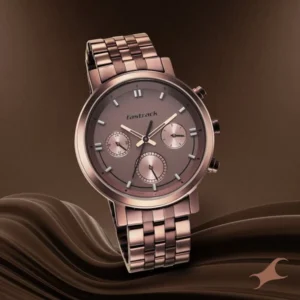 Fastrack Tick Tock Quartz Multifunction Brown Dial Metal Strap Watch for Men NT3287QM01