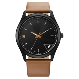 Fastrack Stunners Quartz Analog Black Dial Brown Leather Strap Watch for Men 3317NL02 - Front View