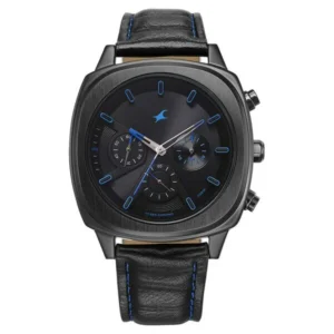 Fastrack Kronos Chronograph Black Dial Black Leather Strap Watch for Men NT3319NL02