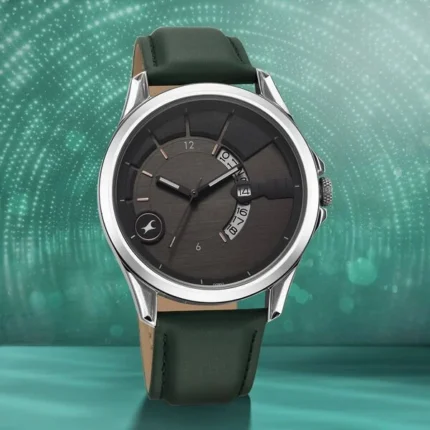 Fastrack Groove Quartz Analog Grey Dial Green Leather Strap Watch for Men 3323SL01
