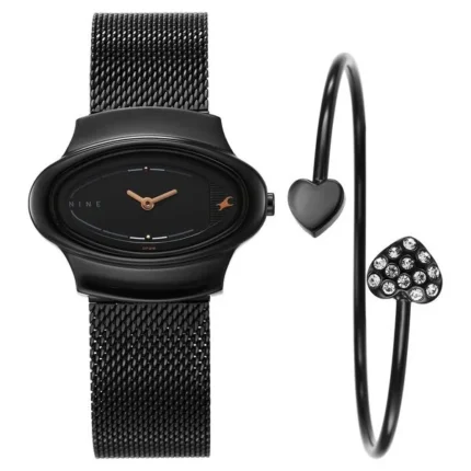 Fastrack Pulse Quartz Analog Black Dial Black Stainless Steel Strap Oval Watch for Girls NT6004NM03F