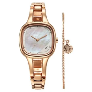 Fastrack Pulse Quartz Analog Mother of Pearl Dial Rose Gold Metal Strap Watch for Girls NT6147WM01F