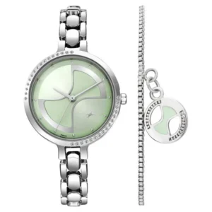 Fastrack Pulse Quartz Analog Green Dial Metal Strap Watch for Girls 6311SM01F