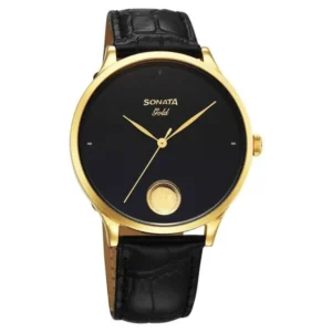 Sonata Gold Quartz Analog Watch for Men with Black Dial Leather Strap & Gold Coin on Dial - 7153YL01