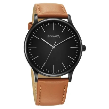 Sonata Aspire Quartz Analog Black Dial Leather Strap Watch for Men - 77105NL15W