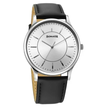 Sonata Aspire Quartz Analog Silver Dial Leather Strap Watch for Men - 77105SL21W