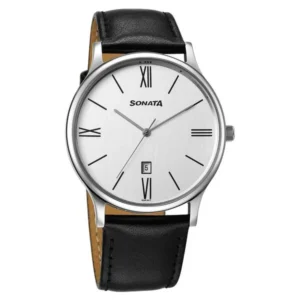 Sonata Aspire Quartz Analog with Day and Date White Dial Leather Strap Watch for Men - 77105SL22W