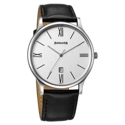 Sonata Aspire Quartz Analog with Day and Date White Dial Leather Strap Watch for Men - 77105SL22W