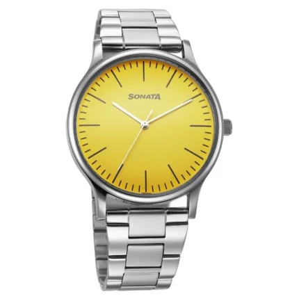 Sonata Aspire Quartz Analog Yellow Dial Stainless Steel Strap Watch for Men - 77105SM16W