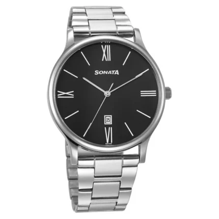 Sonata Aspire Quartz Analog with Date Black Dial Stainless Steel Strap Watch for Men - 77105SM21W