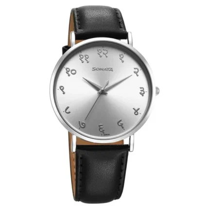 Sonata Regional Edition Hindi Quartz Analog Silver Dial Leather Strap Watch for Men - 77143SL01