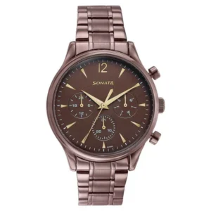 Sonata Wedding Edit Quartz Multifunction Brown Dial Stainless Steel Strap Watch for Men - 77146QM01