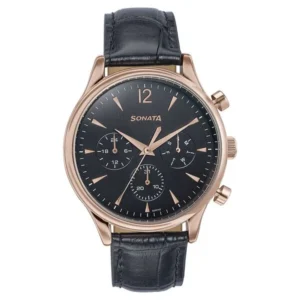Sonata Wedding Edit Quartz Multifunction Black Dial Leather Strap Watch for Men - 77146WL02