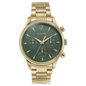 Sonata Wedding Edit Quartz Multifunction Green Dial Stainless Steel Strap Watch for Men - 77146YM02