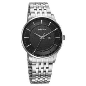 Sonata Wedding Quartz Analog Black Dial Stainless Steel Strap Watch for Men - 77153SM01