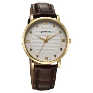 Sonata Wedding Quartz Analog Off White Dial Leather Strap Watch for Men - 77155YL01