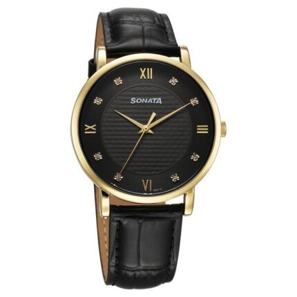 Sonata Wedding Quartz Analog Black Dial Leather Strap Watch for Men - 77155YL02