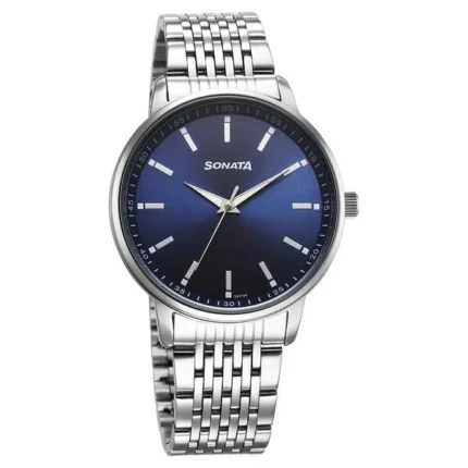 Sonata Wedding Quartz Analog Blue Dial Stainless Steel Strap Watch for Men - 77156SM01