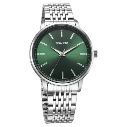 Sonata Wedding Quartz Analog Green Dial Stainless Steel Strap Watch for Men - 77156SM02