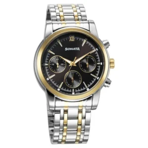 Sonata Wedding Multifunction Black Dial Stainless Steel Strap Watch for Men - 77158BM01