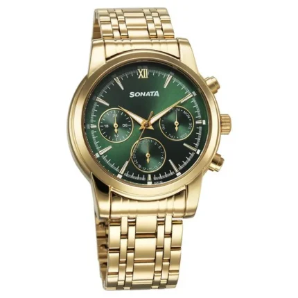 Sonata Wedding Multifunction Green Dial Stainless Steel Strap Watch for Men - 77158YM01