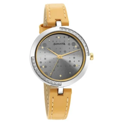 Sonata Utsav Quartz Analog Watch for Women with Grey Dial & Peach Leather Strap – NR8184BL01