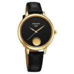 Sonata Gold Quartz Analog Watch for Women with Black Dial, Leather Strap & Gold Coin – 8190YL01