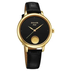 Sonata Gold Quartz Analog Watch for Women with Black Dial, Leather Strap & Gold Coin – 8190YL01