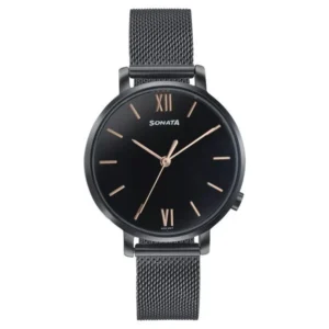 Sonata Elegant Essentials Quartz Analog Black Dial Stainless Steel Strap Watch for Women - 87045NM01W