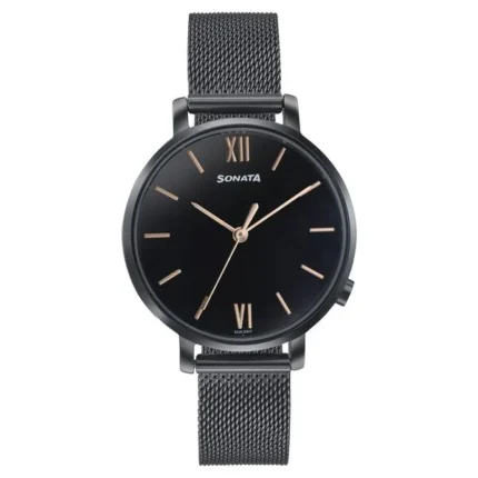 Sonata Elegant Essentials Quartz Analog Black Dial Stainless Steel Strap Watch for Women - 87045NM01W