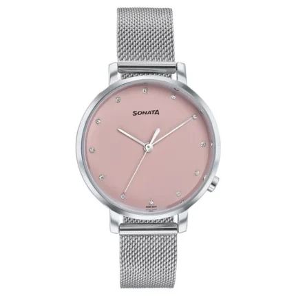Sonata Elegant Essentials Quartz Analog Pink Dial Stainless Steel Strap Watch for Women - 87045SM02W