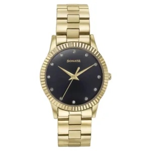 Sonata Glam Gold Quartz Analog Black Dial Stainless Steel Strap Watch for Women - 87062YM01W