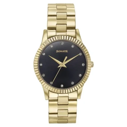 Sonata Glam Gold Quartz Analog Black Dial Stainless Steel Strap Watch for Women - 87062YM01W