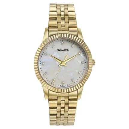 Sonata Glam Gold Quartz Analog Off-White Dial Stainless Steel Strap Watch for Women - 87062YM02W