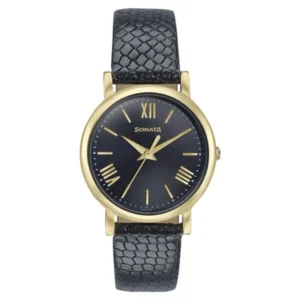 Sonata Glam Gold Quartz Analog Black Dial Leather Strap Watch for Women - 87063YL04W