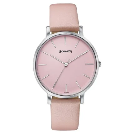 Sonata Pastel Play Quartz Analog Pink Dial Leather Strap Watch for Women - 87073SL02