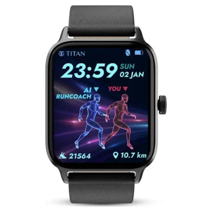 Titan Traveller Smartwatch with 4.52 cm AMOLED Display and Black Leather Strap