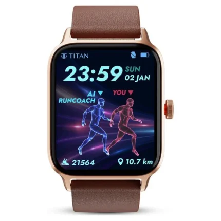 Titan Traveller Smartwatch with AMOLED Display and Brown Leather Strap
