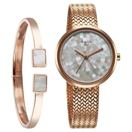 Titan Raga Memoirs NT95253WM02F Women’s Watch with Mother of Pearl Dial and Rose Gold Metal Strap