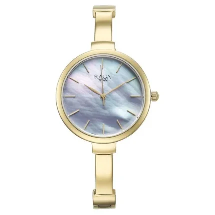 Titan Raga Showstopper Women’s Watch with Mother of Pearl Dial and Gold Strap – NT95273YM01