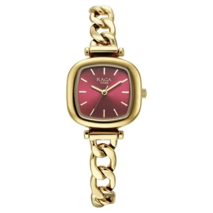 Titan Raga Showstopper Women’s Watch with Maroon Dial and Gold Metal Strap – NT95302YM01