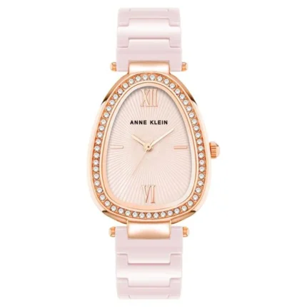 Anne Klein Women’s Elongated Oval Pink Dial Watch with Ceramic Rose Gold Strap – NTAK5012RGBH