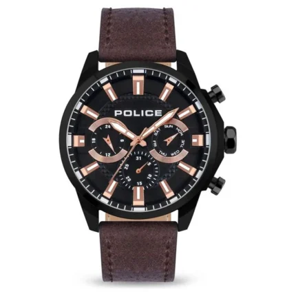 Police Multifunction Watch with Black Dial and Brown Strap for Men – NTPLPEWJF2204204