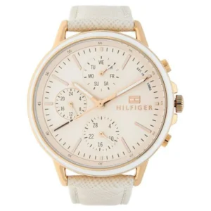 Tommy Hilfiger Women’s Watch with Pink Dial, Day-Date Display & Leather Strap – NTTH1781789