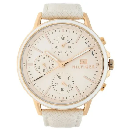 Tommy Hilfiger Women’s Watch with Pink Dial, Day-Date Display & Leather Strap – NTTH1781789