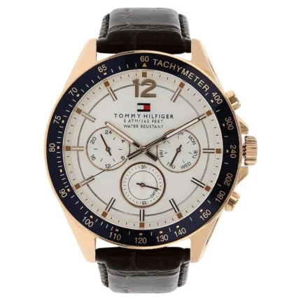 Tommy Hilfiger Men’s Chronograph Watch with White Dial and Brown Leather Strap – NTTH1791118